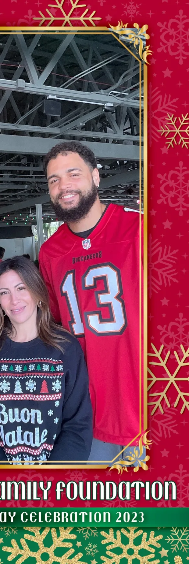 Selfie station photo strip from the YOB Family Foundation Holiday Celebration with Buccaneers players Mike Evans and Trey Palmer