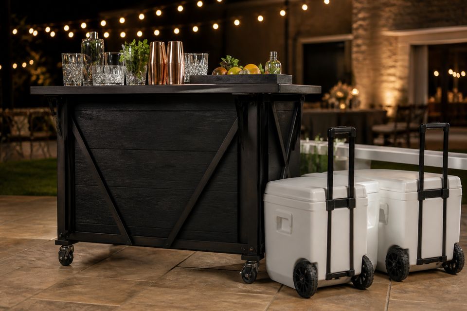 Black wooden folding mobile bar with white Igloo rolling coolers, styled with glassware
