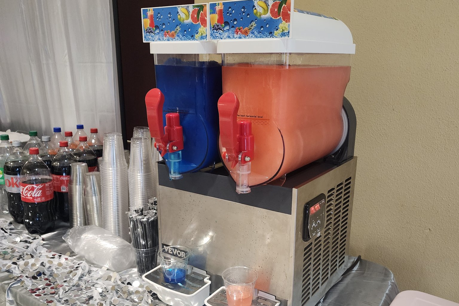 Two-tank slushie machine with red dispense handles